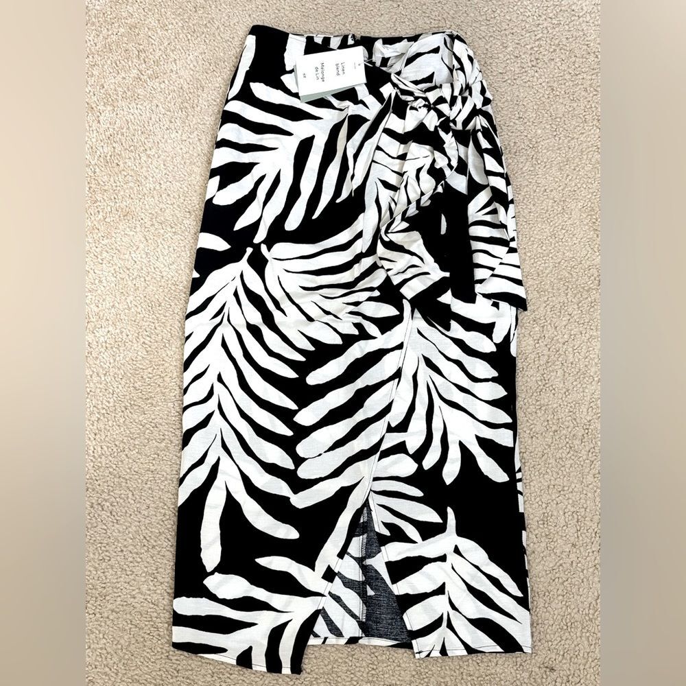 NWT H&M Linen-blend Wrap-front Midi Black White Skirt Sz 0